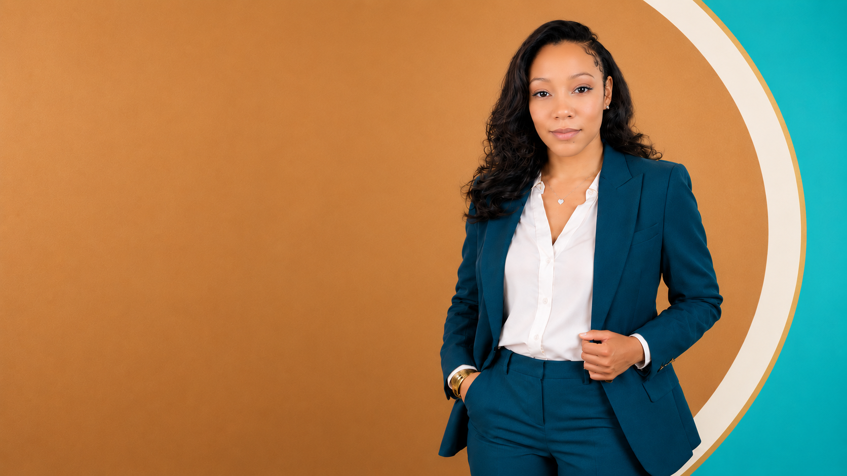 Mia Stokes in a tailored teal suit against the approved burnished-copper background